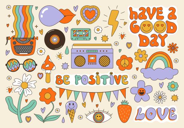 Vector groovy clipart collection Vector groovy clipart collection. 70s, 80s, 90s vibes funky stickers. Retro flowers. text, emoji, typewriter, cassette  illustrations. Vintage nostalgia elements for card, poster design and print flower clipart stock illustrations