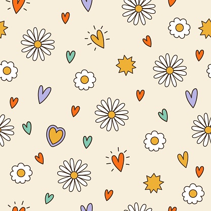 Seamless vector pattern with vintage daisy, camomile, heart elements. Cartoon floral background. Cute texture for surface design, wallpaper, wrapping paper, textile