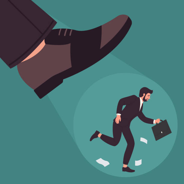 istock Big foot steps on scared employee, manager running from pressure and abuse, bullying 1393267712