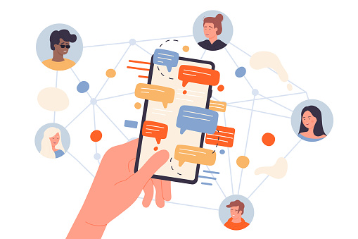 People connect to global network for online communication with friends. Cartoon diverse team of customers using social media chat service, person holding phone with sms flat vector illustration