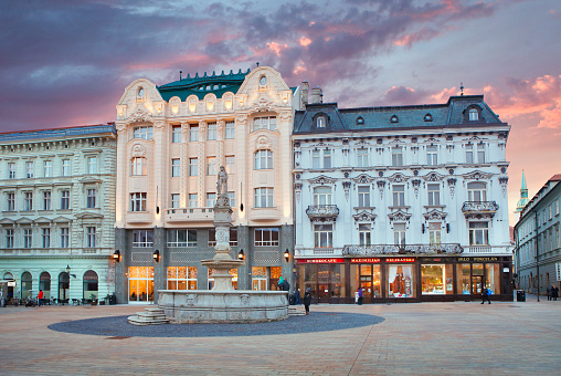Hlavné námestie (The Main square) in the old town of  Bratislava with Roland fountain (Rolandova fontána)