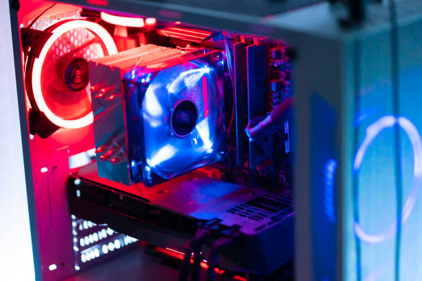 istock bright new pc desktop computer with colorful light parts, workstation device 1393274675
