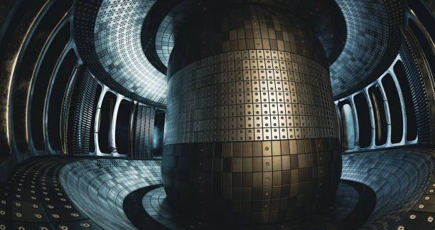 istock Fusion reactor. Toroidal chamber with a magnetic coil. device for carrying out a controlled thermonuclear reaction. 3d render 1393278046