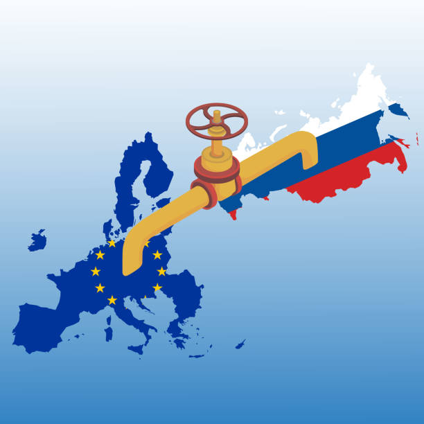 Fuel gas pipeline and valve transportation on Russia and European Union. Fuel gas pipeline and valve transportation on Russia and European Union country map. Vector and illustration design. energy crisis stock illustrations