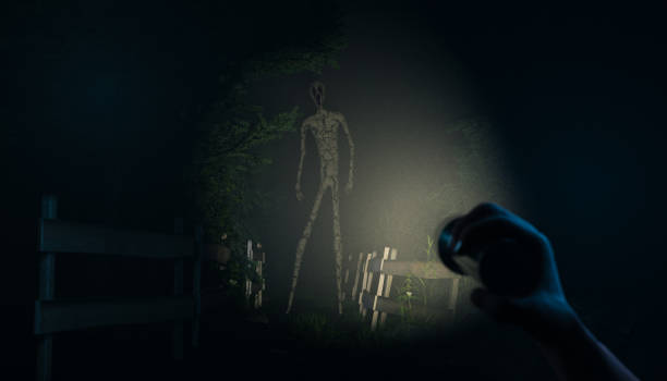 istock Horror game concept - Monster with disproportionate body structure in the forest footpath - 3D render 1393279072