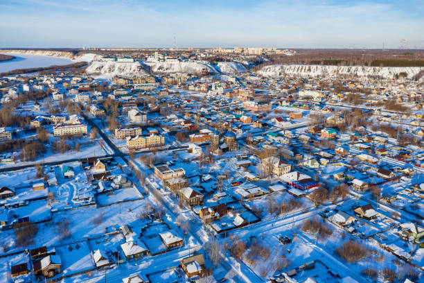Tobolsk city in winter. Old Town. Aerial view. stock photo