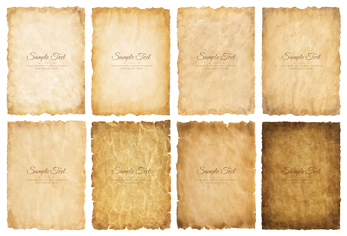 Vector collection set old parchment paper sheet vintage aged or texture isolated on white background.