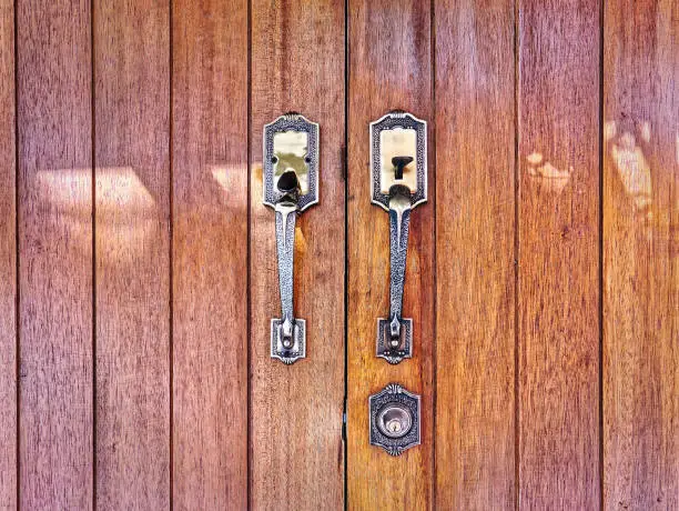 Close-up Vintage Door Handles on Wooden Door
