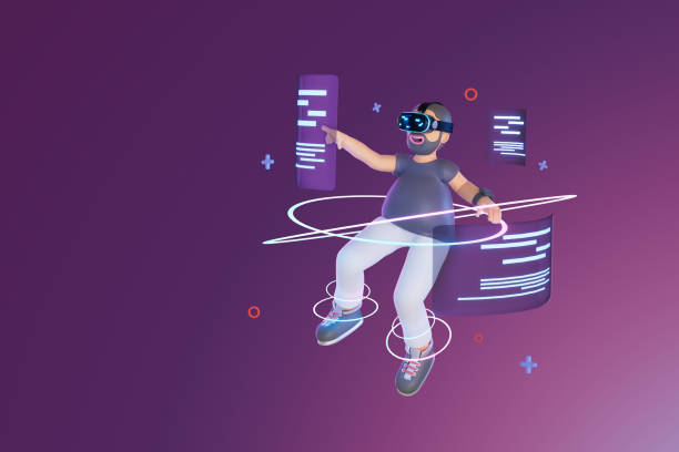 istock men wearing vr is pointing hologram menu window in metaverse world 3D, Render, illustration 1393286965