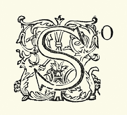 Vintage illustration Ornate Capital letter S, So, Victorian 19th Century