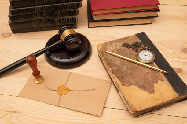 istock Vintage stamp, envelope and testament. Notary public tools 1393287177
