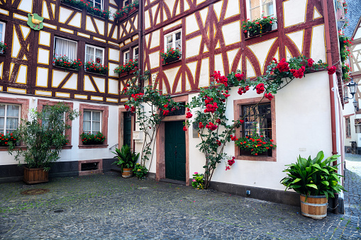 Old half-timbered house in Mainz city, Germany. Composite photo