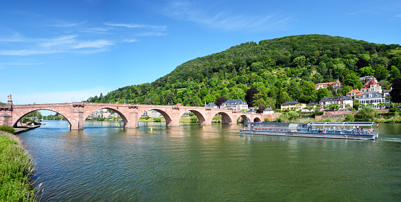 The Karl Theodor Bridge or Old Bridge on Neckar river in Heidelberg, Germany. Composite photo