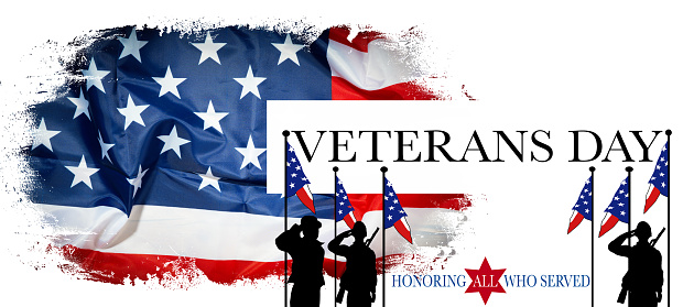 USA Flag And Veterans Day Message With Blue Bokeh Background. Veterans Day Concept.