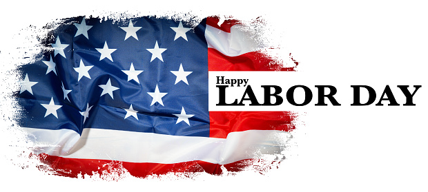 Happy Labor Day USA America background banner panorama greting card template - American waving flag and lettering, isolated on rustic white texture