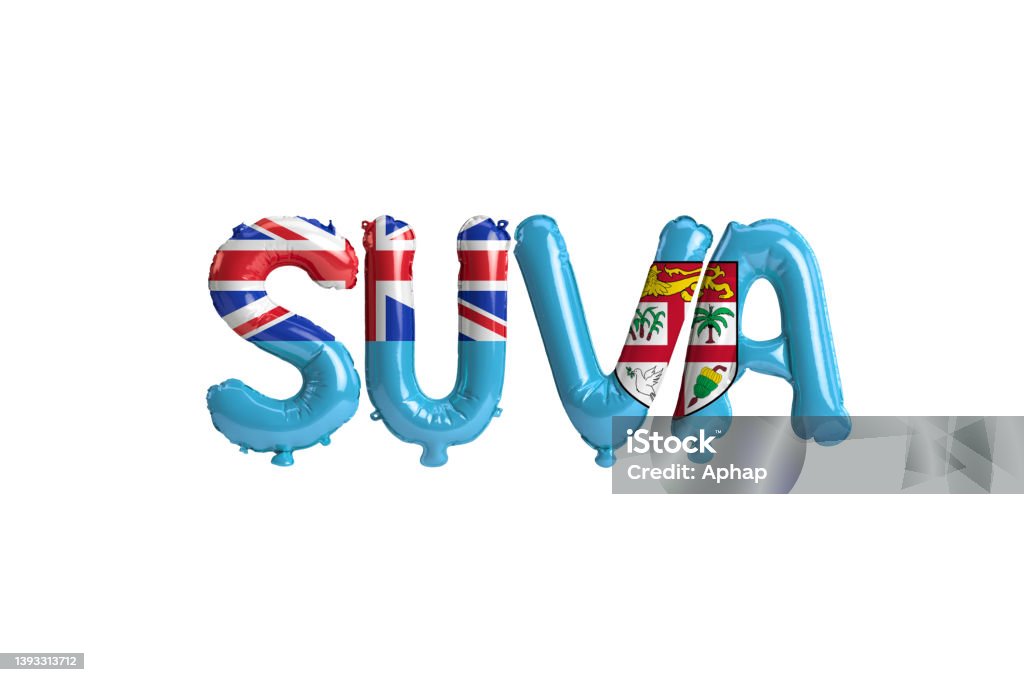 3d illustration of Suva capital balloons with Fiji flags color isolated on white Art Stock Photo