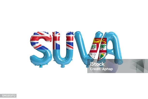 3d Illustration Of Suva Capital Balloons With Fiji Flags Color Isolated On White Stock Photo - Download Image Now