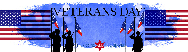 Veterans Day background poster banner greeting card background template - American flags and silhouette of armed american soldiers, isolated on blue aquarelle texture