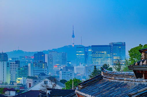 Namsan Seoul Tower building Seoul cityscape taken at dawn