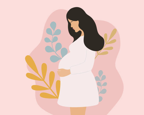 Side View Of Young Pregnant Woman Holding Her Belly. Pregnancy And Motherhood Concept With Pregnant Woman And Leaves On Pink Background. Side View Of Young Pregnant Woman Holding Her Belly. Pregnancy And Motherhood Concept With Pregnant Woman And Leaves On Pink Background. pregnant patterns stock illustrations