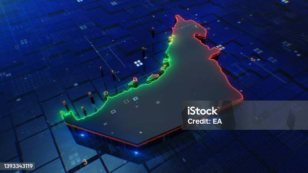United Arab Emirates Map 4k Stock Photo - Download Image Now - United Arab Emirates, Digitally Generated Image, Technology