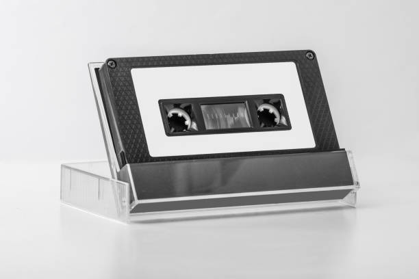 Blank compact cassette tape box label design mockup. Vintage cassete tape record case box mock up. Plastic analog magnetic tape cassette clear packaging template. Mixtape box cover
