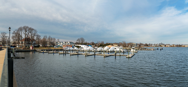 A panoramic view of a marina and homes near the Shrewsbury Bay in Long Branch Ne Jersey.