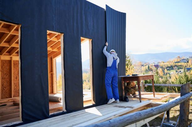istock Builder installing corrugated iron sheet used as facade of future wooden frame house. 1393346914