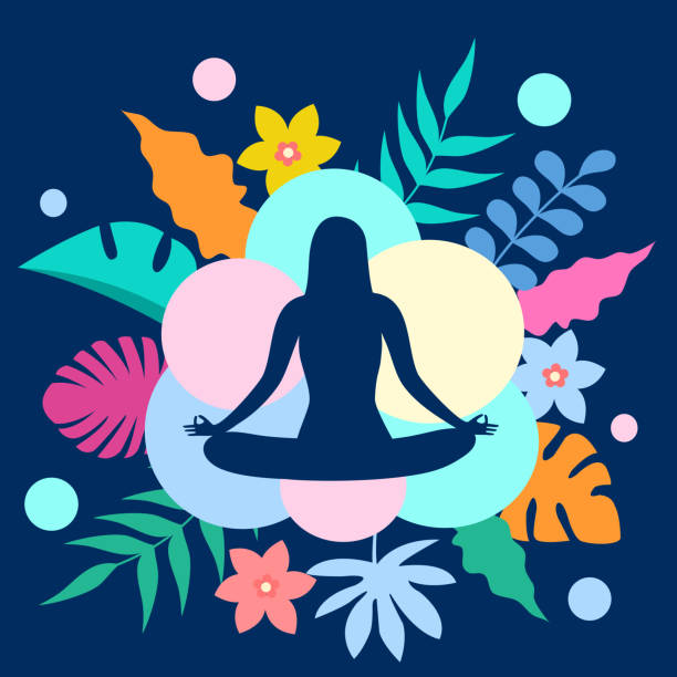 istock Woman doing meditation with colorful leaves on background. Mind power. Mindfulness. Mental health. 1393348190