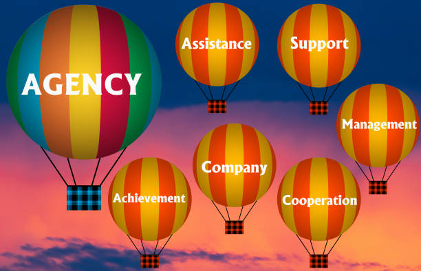 istock Hot air balloons with AGENCY concept. Abstract background, Thinking and Creativity. 3d illustration 1393349378