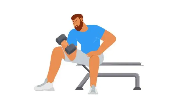 Vector illustration of Fitness man doing workout with dumbbell at gym. Vector illustration in flat style, isolated on white background