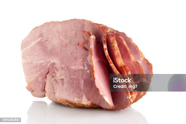 Applewood Smoked Spiral Sliced Bone In Half Ham Stock Photo - Download Image Now - Ham, Half Full, Slice of Food