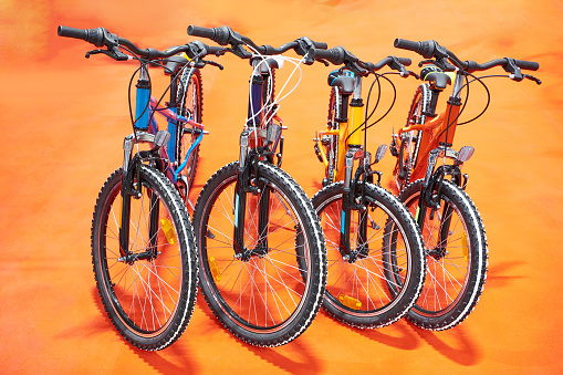 Row modern mountain bikes in sports shop