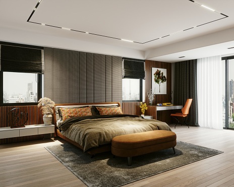 Digitally generated modern owner's bedroom interior design (day).\n\nThe scene was rendered with photorealistic shaders and lighting in Corona Renderer 7 for Autodesk® 3ds Max 2022 with some post-production added.
