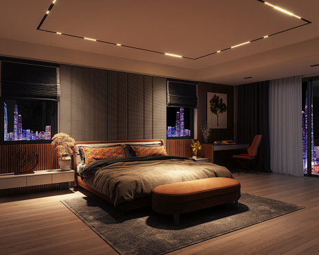 Digitally generated modern owner's bedroom interior design (night).\n\nThe scene was rendered with photorealistic shaders and lighting in Corona Renderer 7 for Autodesk® 3ds Max 2022 with some post-production added.
