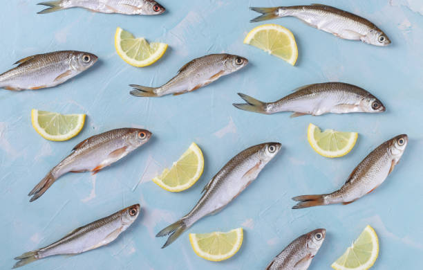 istock Pattern of small fish with lemon slices on a blue background, Top view, Horizontal format 1393354442