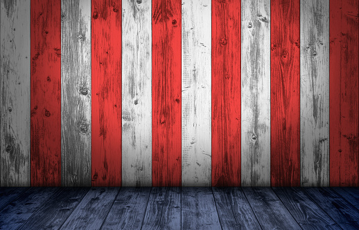 Wood wall and floor painted to replicate the American flag colors. Free space for text or product