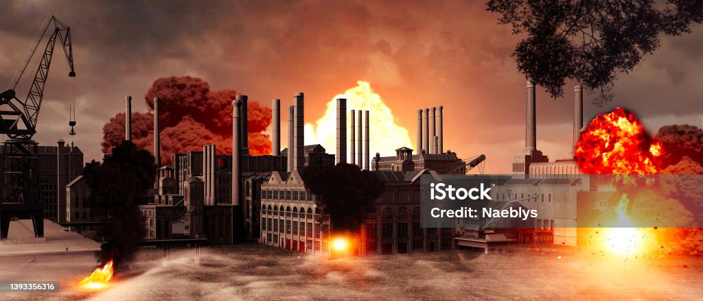 Azovstal steel plant in Mariupol, Ukraine. Smoke and explosion Azovstal steel plant in Mariupol, Ukraine. Smoke and explosion. The plant, where Ukrainian defenders are holding out is one of the largest world-known metallurgical companies. 3d rendering Mariupol Stock Photo