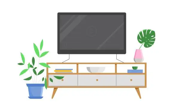 Vector illustration of TV cabinet interior with decorative elements, houseplants, books. Flat vector illustration on white background