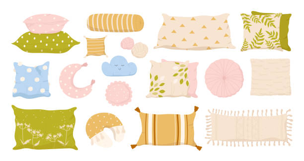 ilustrações, clipart, desenhos animados e ícones de almofada confortável e almofada definida para sofá, cama e poltrona, coleção de decoração caseira fofa - cushion
