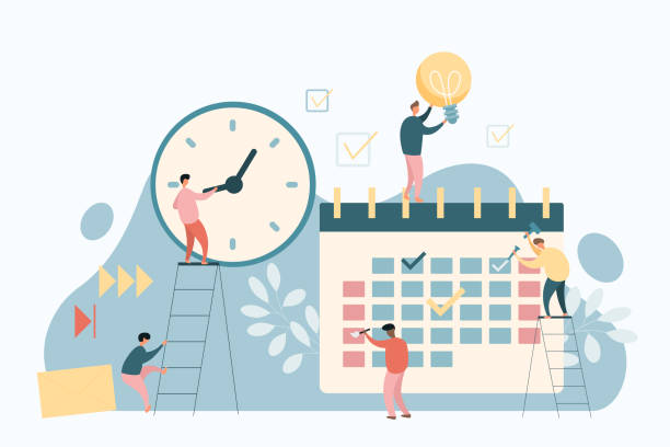 Tiny employees work with calendar to organize upcoming tasks, time management concept Employees work with calendar to plan and organize upcoming tasks. Tiny business people standing on ladder with clock, holding light bulb flat vector illustration. Productivity, time management concept upcoming events stock illustrations