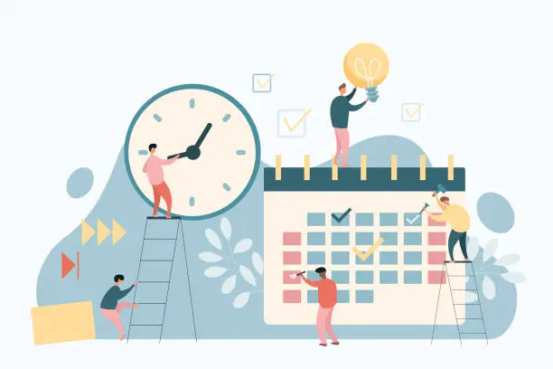 Vector illustration of Tiny employees work with calendar to organize upcoming tasks, time management concept