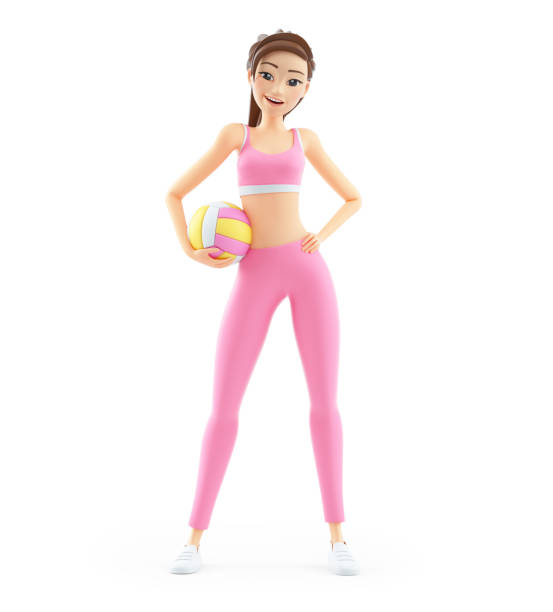 3d sporty woman standing with volley ball, illustration isolated on white background