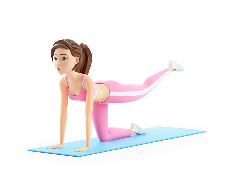 3d sporty woman doing exercises on yoga mat, illustration isolated on white background