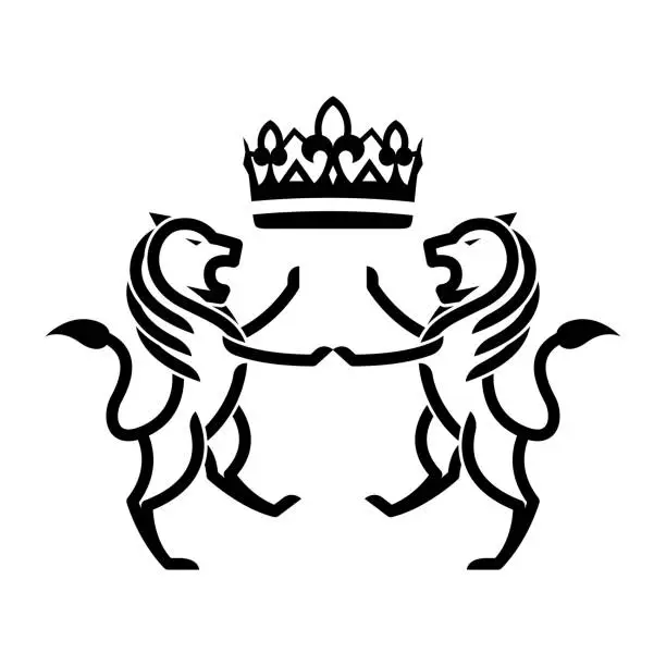 Vector illustration of outline illustration of two lions standing and lifting a crown.