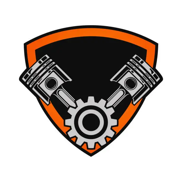 Vector illustration of emblem shield with piston and gear.