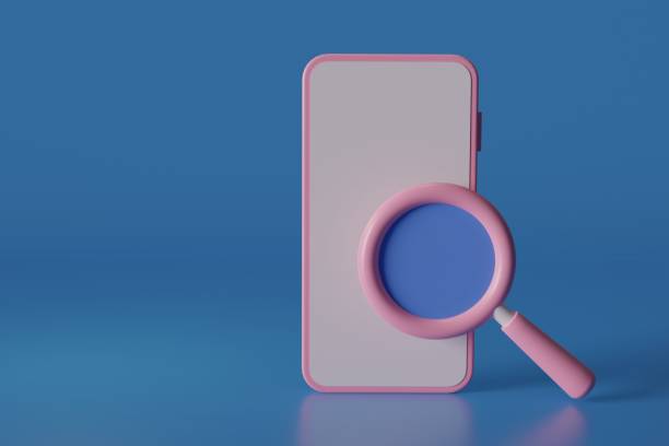 istock Searching on internet with smartphone, Mobile phone with search icon on blue background. Digital marketing concept. 3D rendering illustration. 1393359780