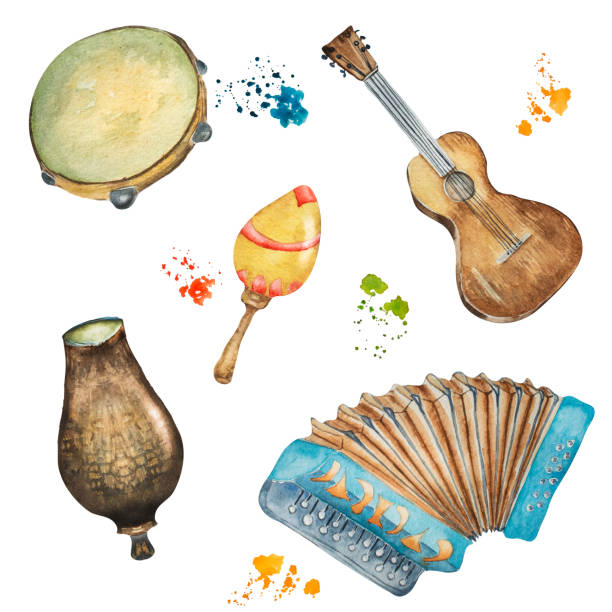 ilustrações, clipart, desenhos animados e ícones de conjunto de instrumentos musicais folclóricos ilustração aquarela - accordion harmonica musical instrument isolated
