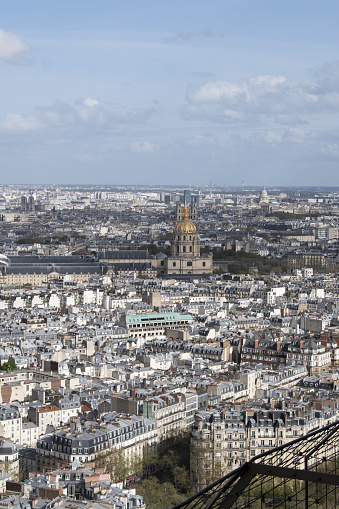 Paris: aerial view of the skyline of the city with the Saint Louis cathedral in the Les Invalides complex seen from the top of the Eiffel Tower