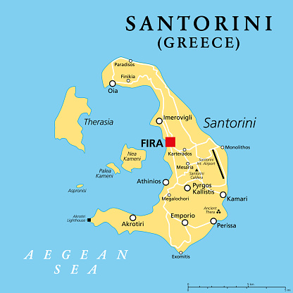 Santorini, an island of Greece, political map. Officially Thira and classical Greek Thera, is an archipelago and remnant of a caldera in the Aegean Sea, and the southernmost member of the Cyclades.